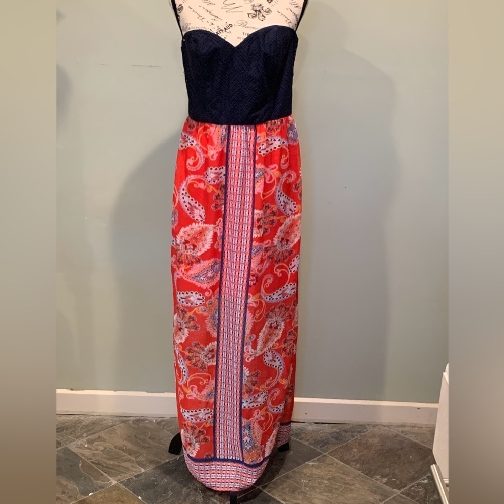City Triangles Women’s Large Strapless Navy Blue and Red Paisley Long Maxi Dress